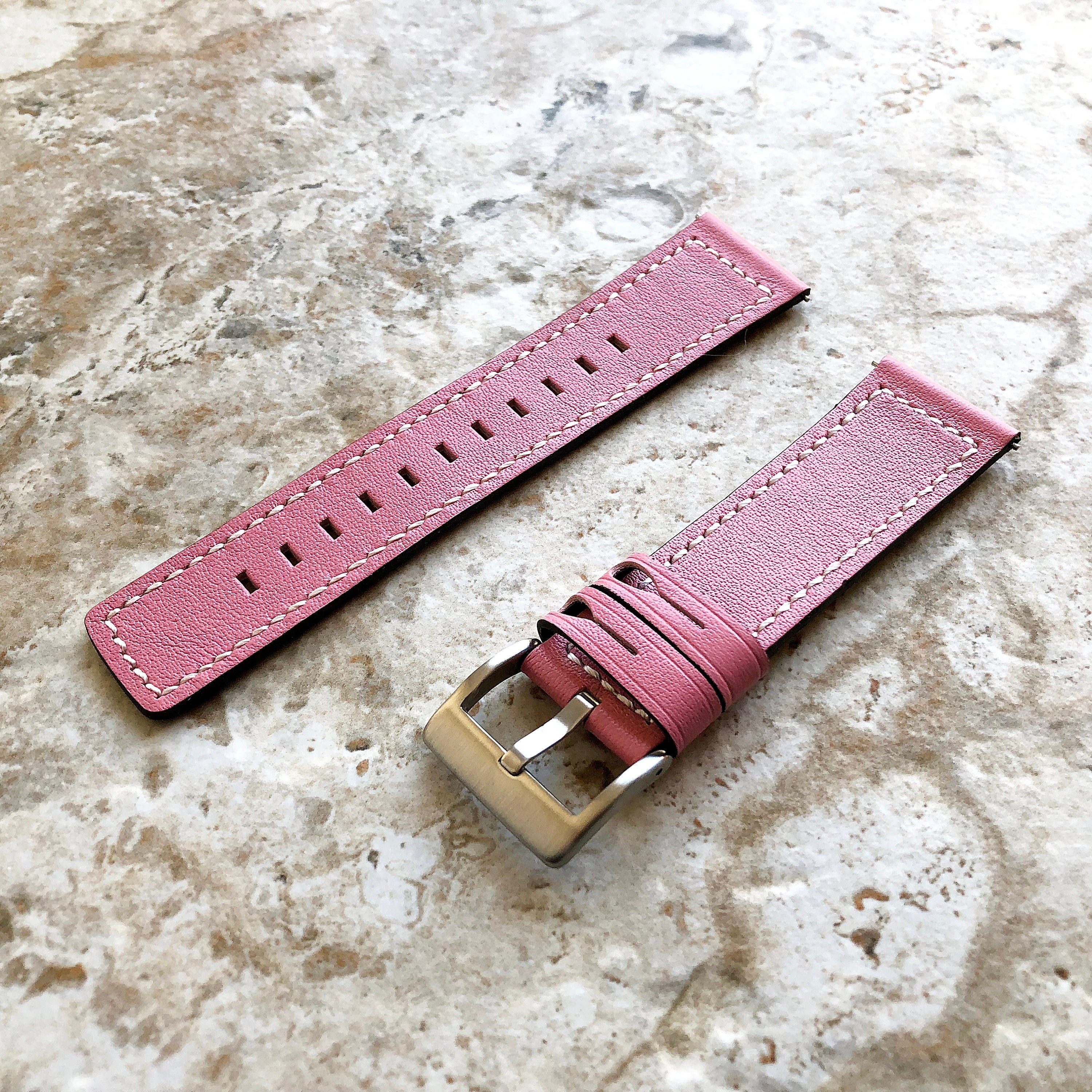 22mm Width Pink Soft Leather Watch Strap Band Stitched for Wrist Hand Watches - Quick Release Pins Included Easy and Ready to Attach